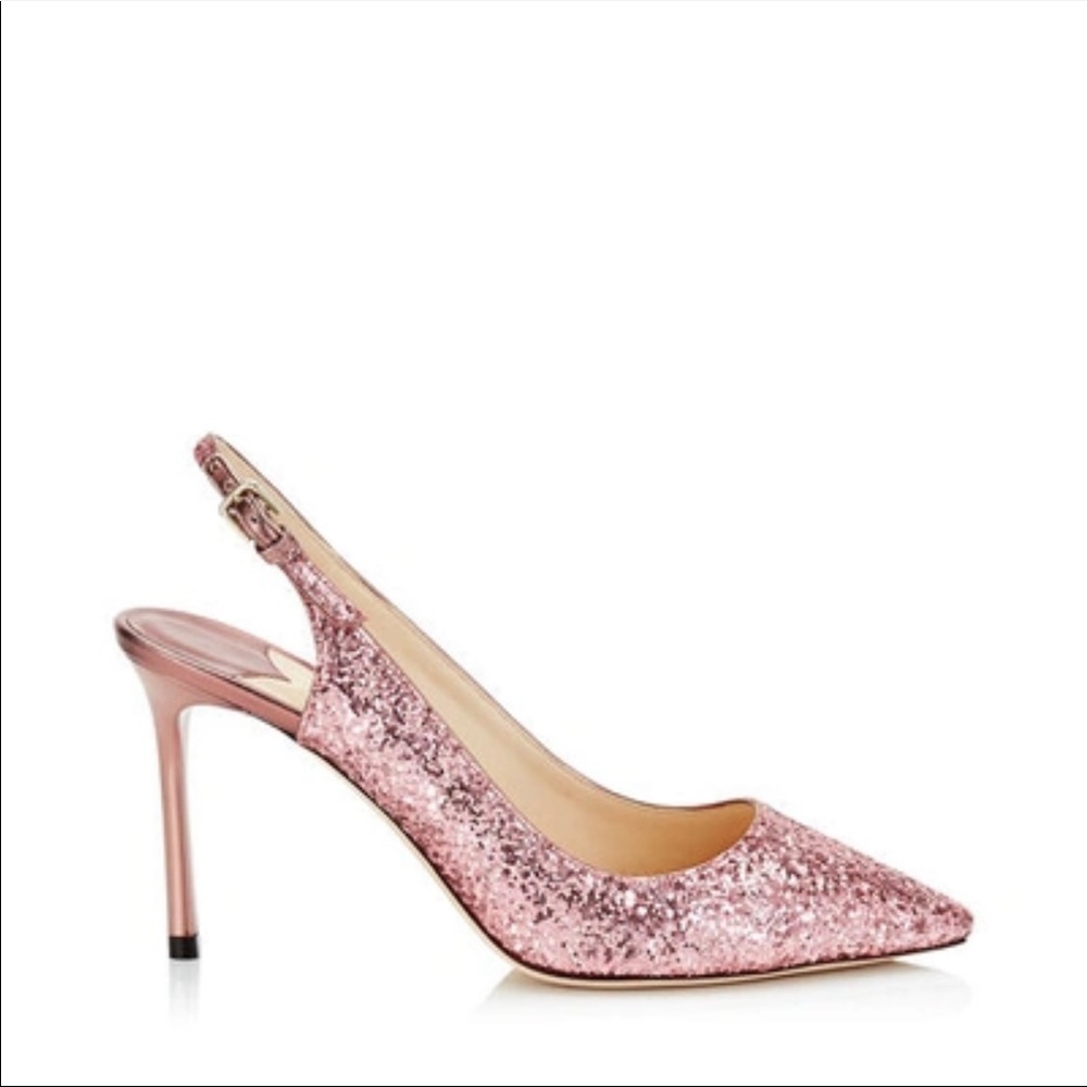 Jimmy Choo. Pink Glitter Erin slingback heel